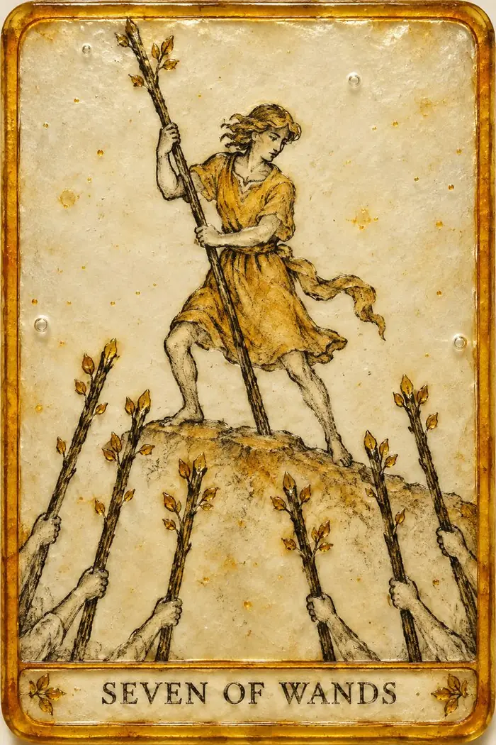 Seven of Wands — Amber Glass-Inspired Edition