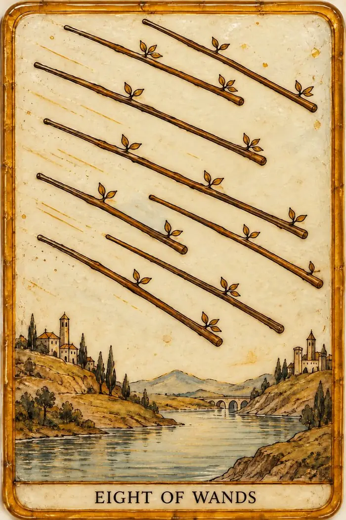 Eight of Wands — Amber Glass-Inspired Edition