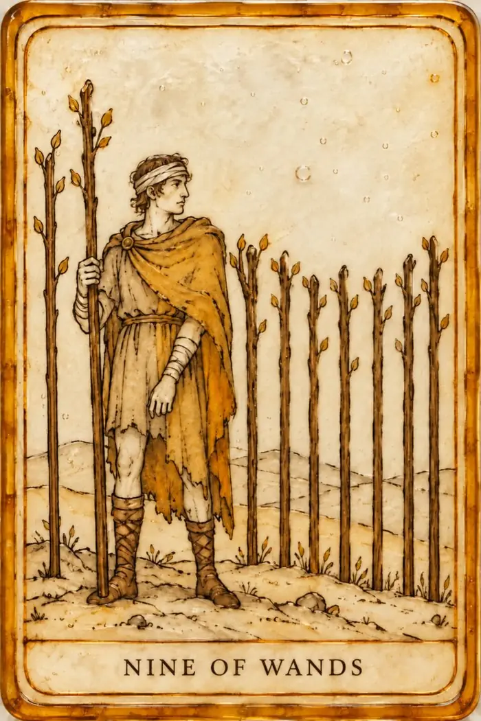 Nine of Wands — Amber Glass-Inspired Edition
