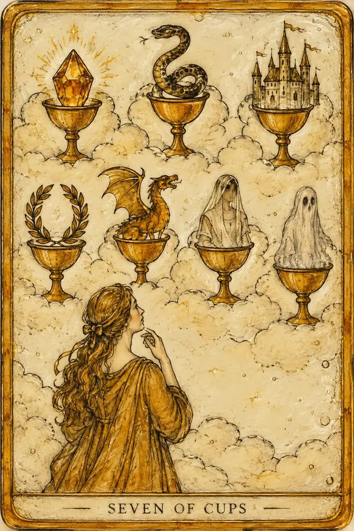 Seven of Cups — Amber Glass-Inspired Edition