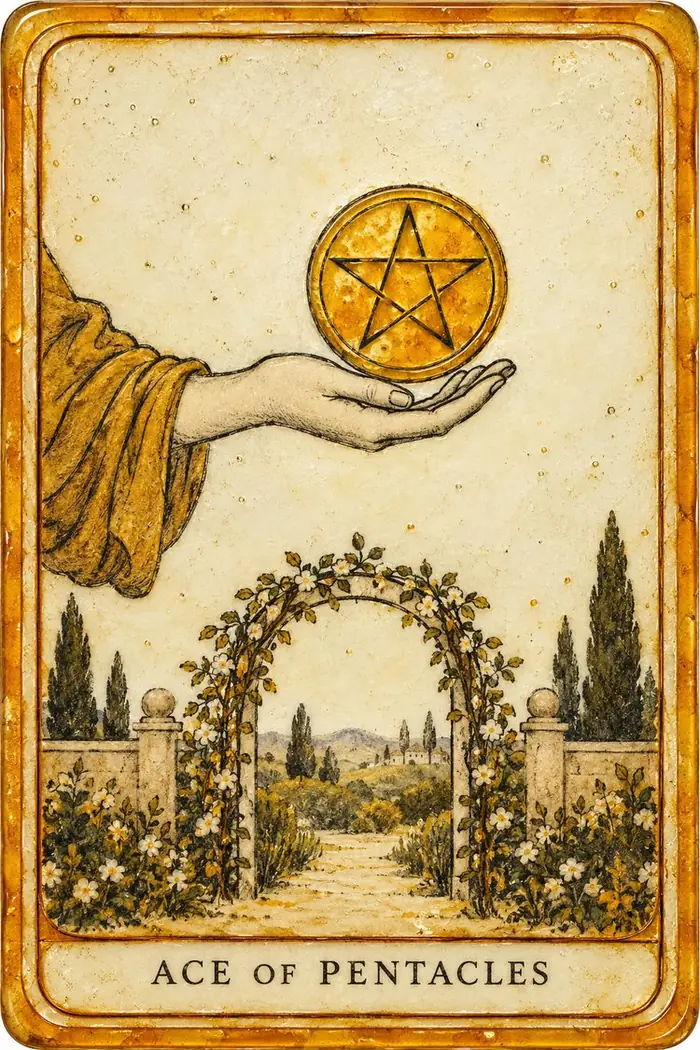 Ace of Pentacles — Amber Glass-Inspired Edition