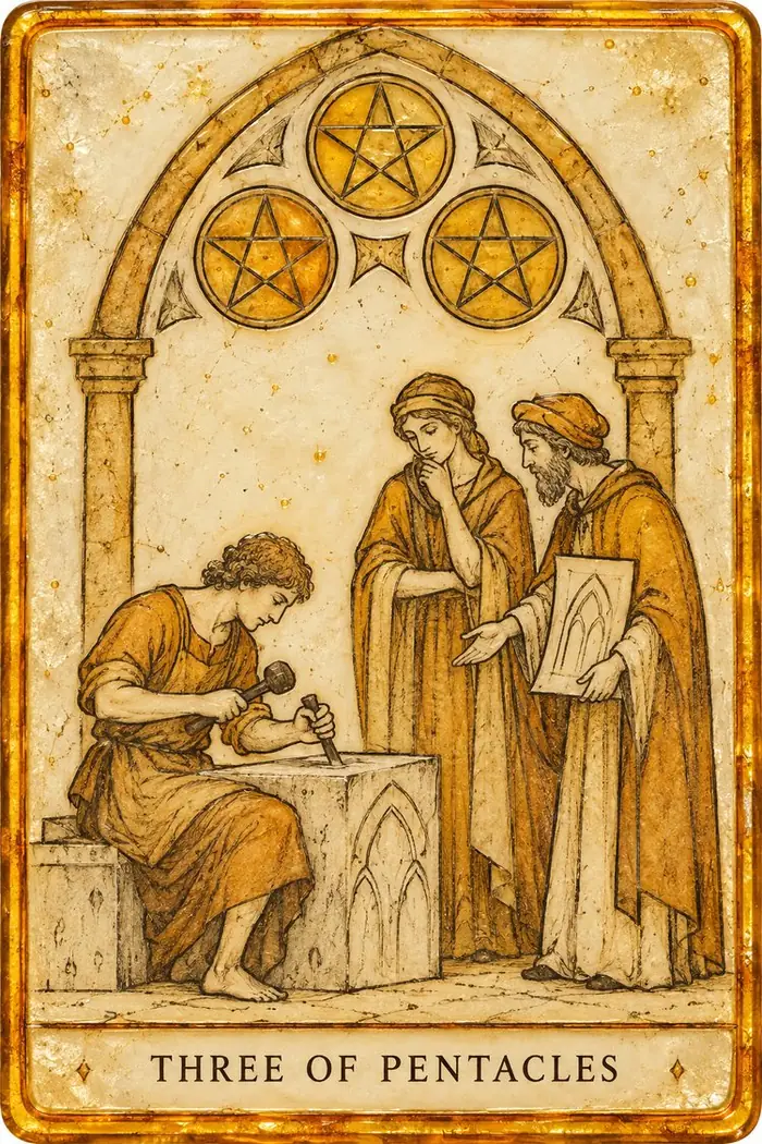 Three of Pentacles — Amber Glass-Inspired Edition