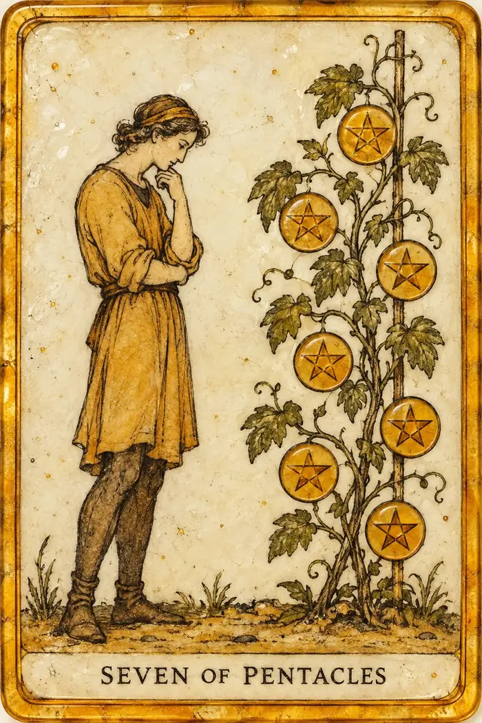 Seven of Pentacles — Amber Glass-Inspired Edition