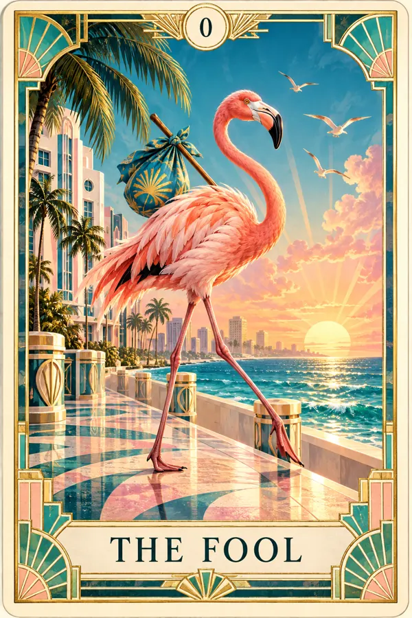 The Fool — Miami Flamingo Art Deco Tarot