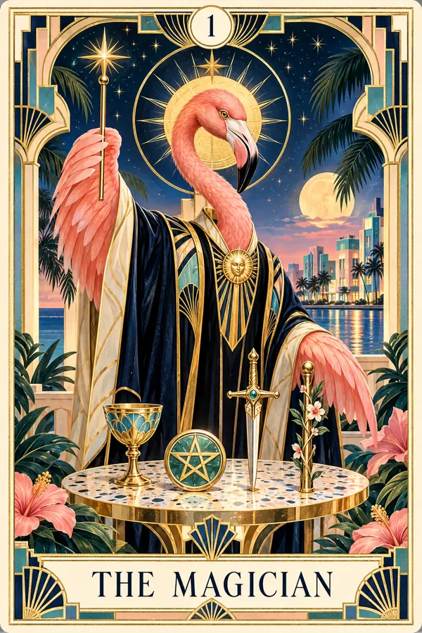 The Magician — Miami Flamingo Art Deco Tarot
