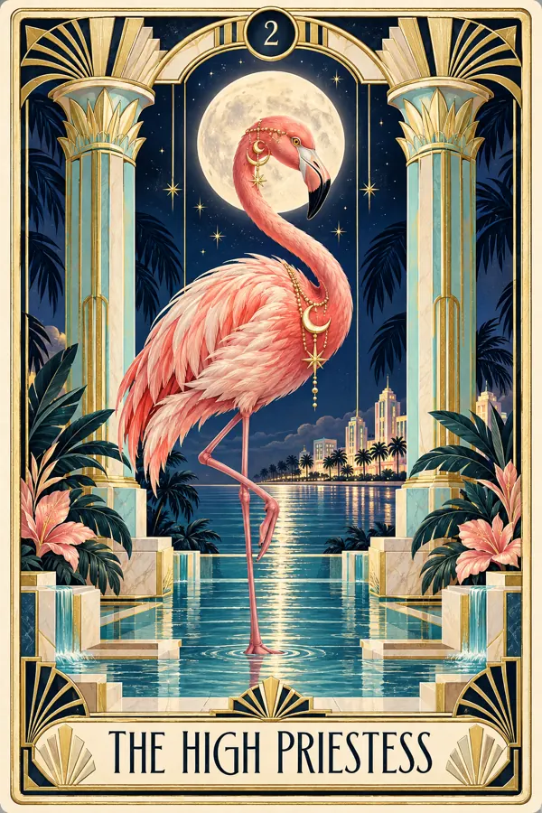 The High Priestess — Miami Flamingo Art Deco Tarot