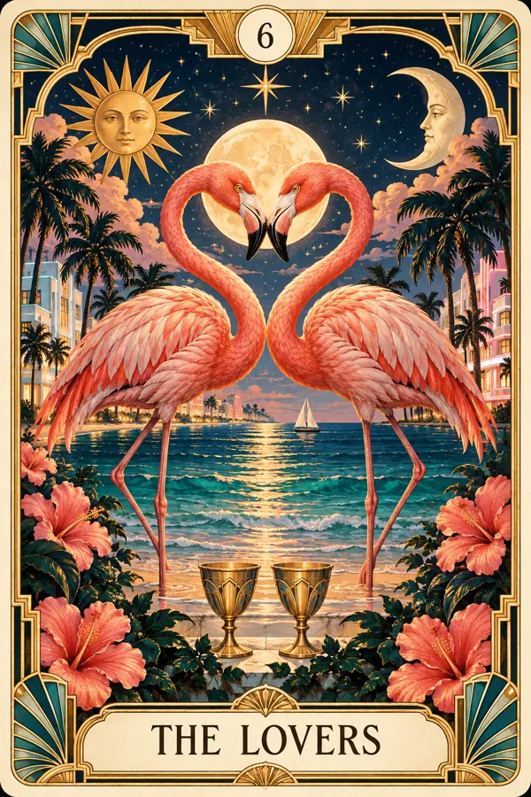 The Lovers — Miami Flamingo Art Deco Tarot