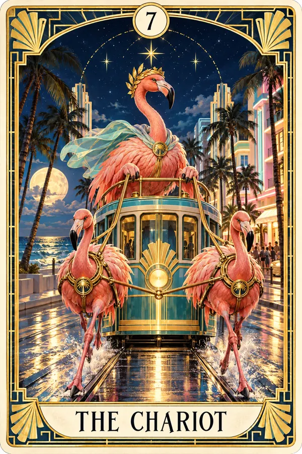 The Chariot — Miami Flamingo Art Deco Tarot