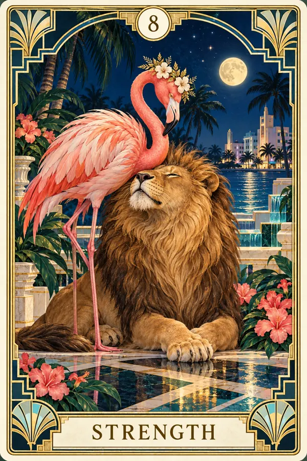 Strength — Miami Flamingo Art Deco Tarot