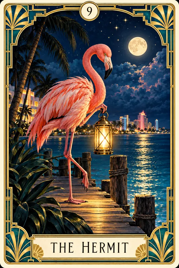 The Hermit — Miami Flamingo Art Deco Tarot