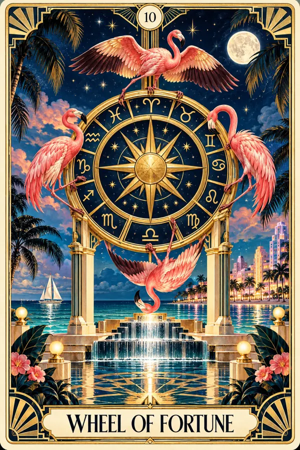 Wheel of Fortune — Miami Flamingo Art Deco Tarot