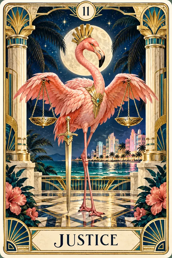 Justice — Miami Flamingo Art Deco Tarot