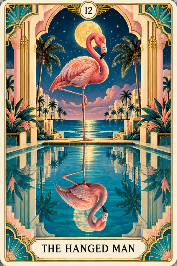The Hanged Man — Miami Flamingo Art Deco Tarot