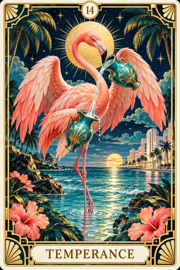 Temperance — Miami Flamingo Art Deco Tarot