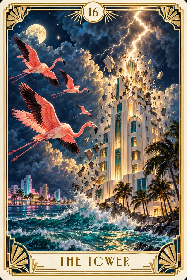 The Tower — Miami Flamingo Art Deco Tarot