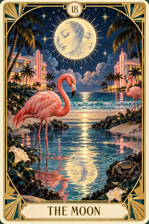 The Moon — Miami Flamingo Art Deco Tarot