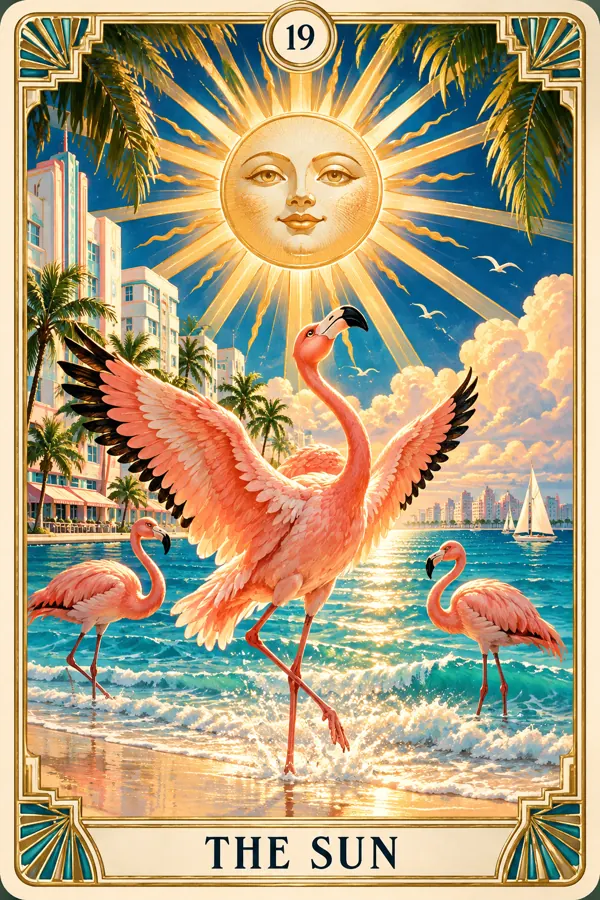 The Sun — Miami Flamingo Art Deco Tarot