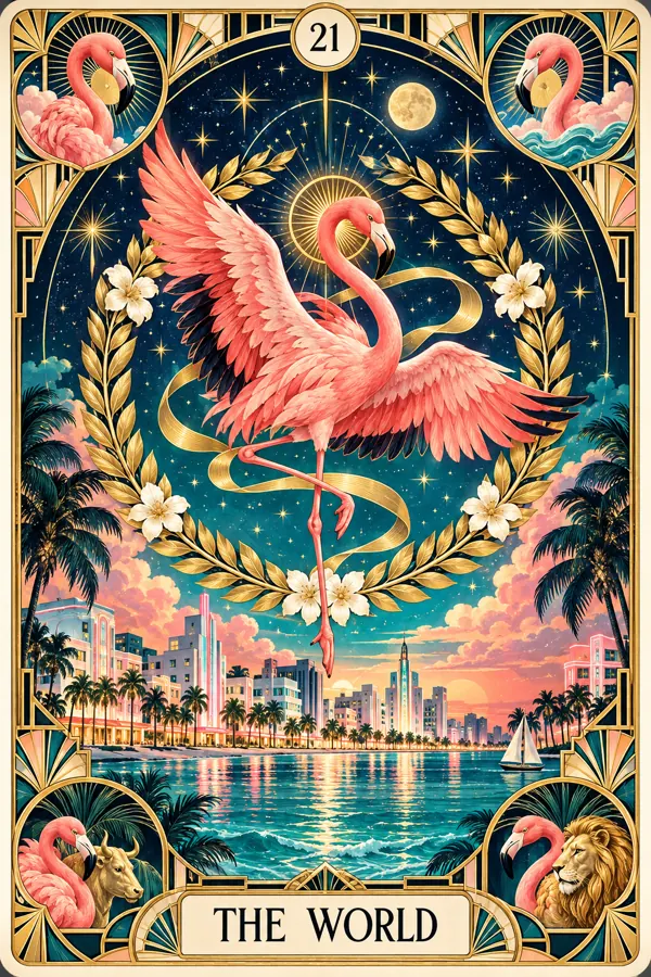 The World — Miami Flamingo Art Deco Tarot