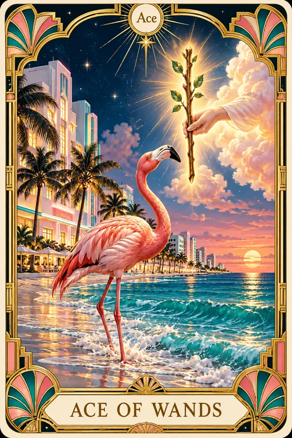 Ace of Wands — Miami Flamingo Art Deco Tarot