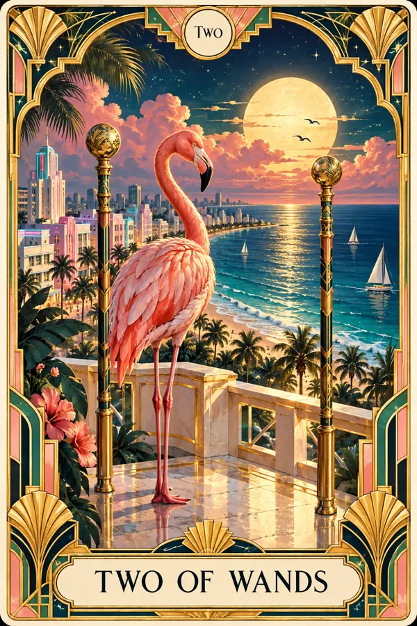 Two of Wands — Miami Flamingo Art Deco Tarot