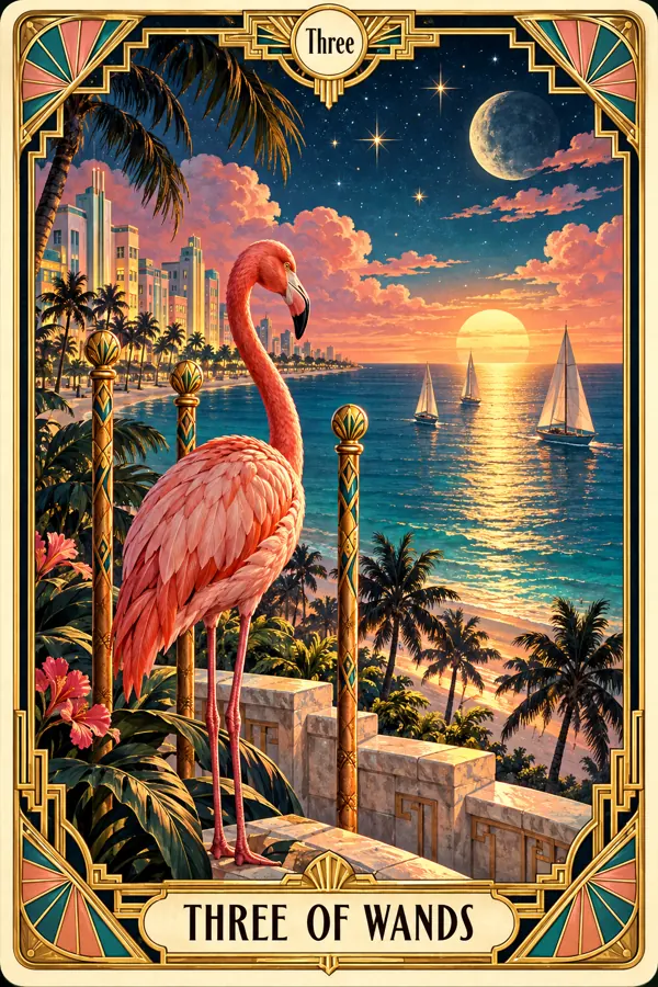 Three of Wands — Miami Art Deco Edition