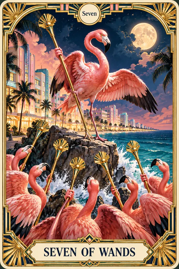Seven of Wands — Miami Art Deco Edition