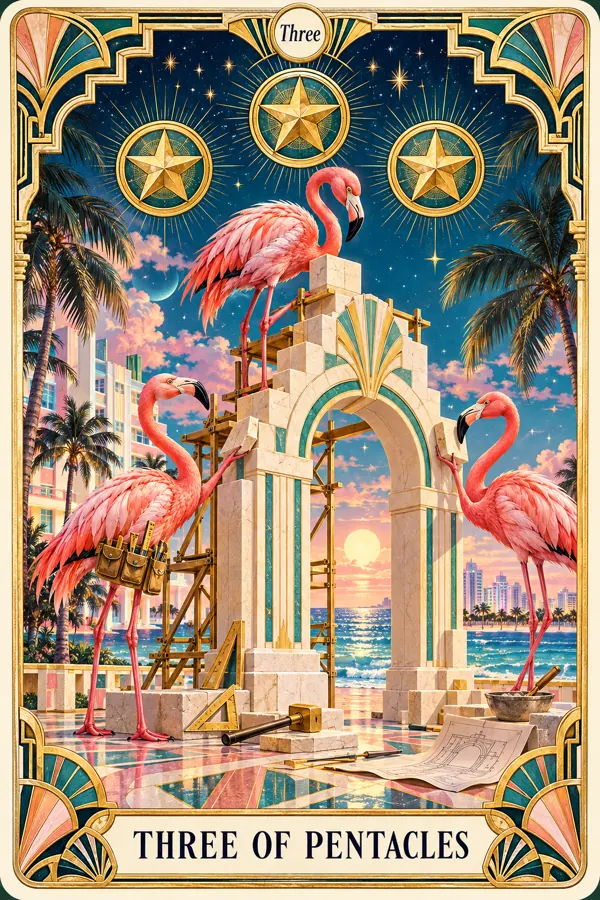 Three of Pentacles — Miami Art Deco Edition