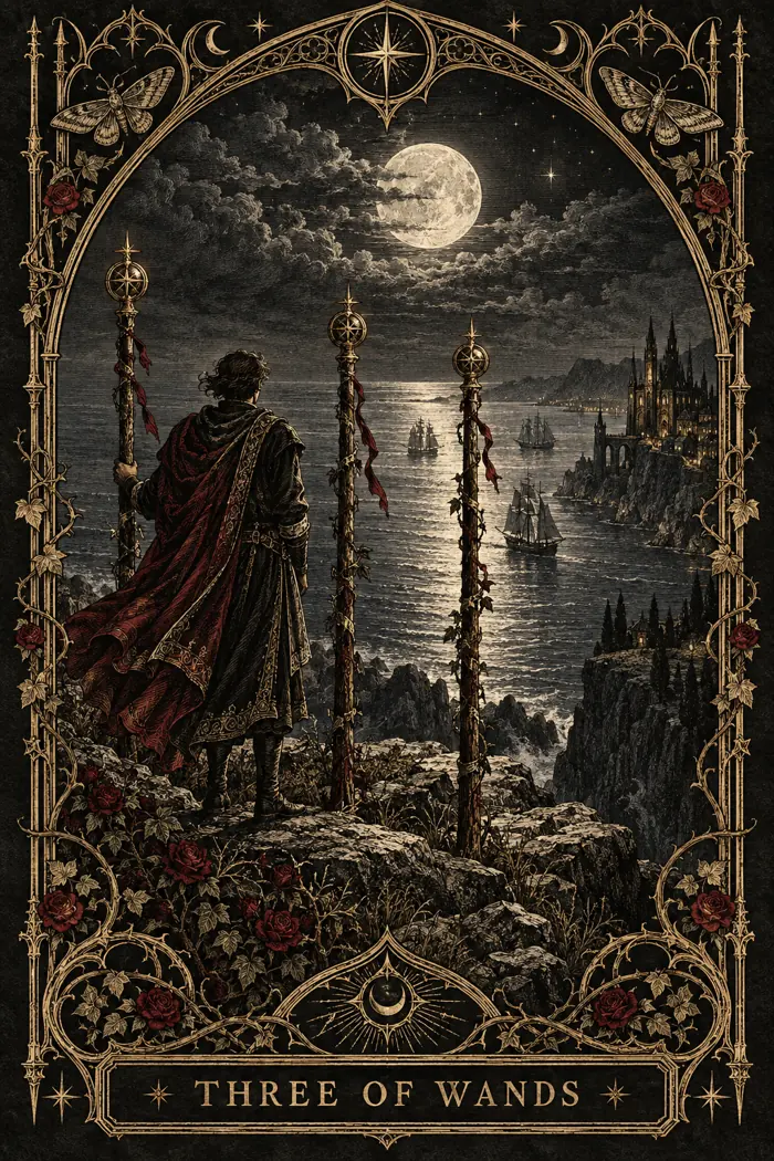 Three of Wands — Gothic Engraving Edition
