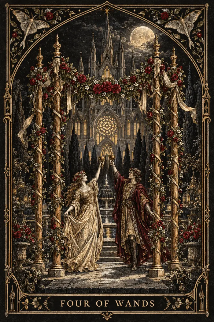 Four of Wands — Gothic Engraving Edition