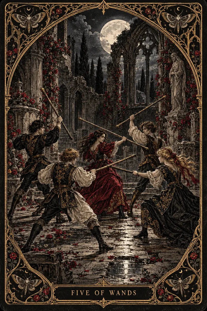 Five of Wands — Gothic Engraving Edition