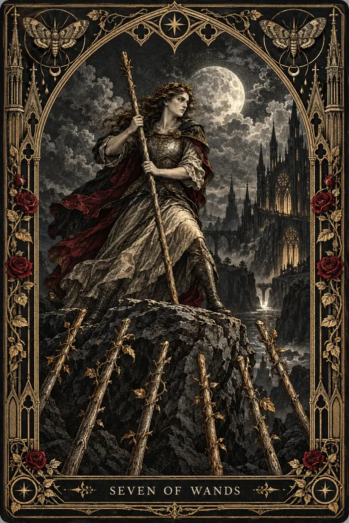 Seven of Wands — Gothic Engraving Edition