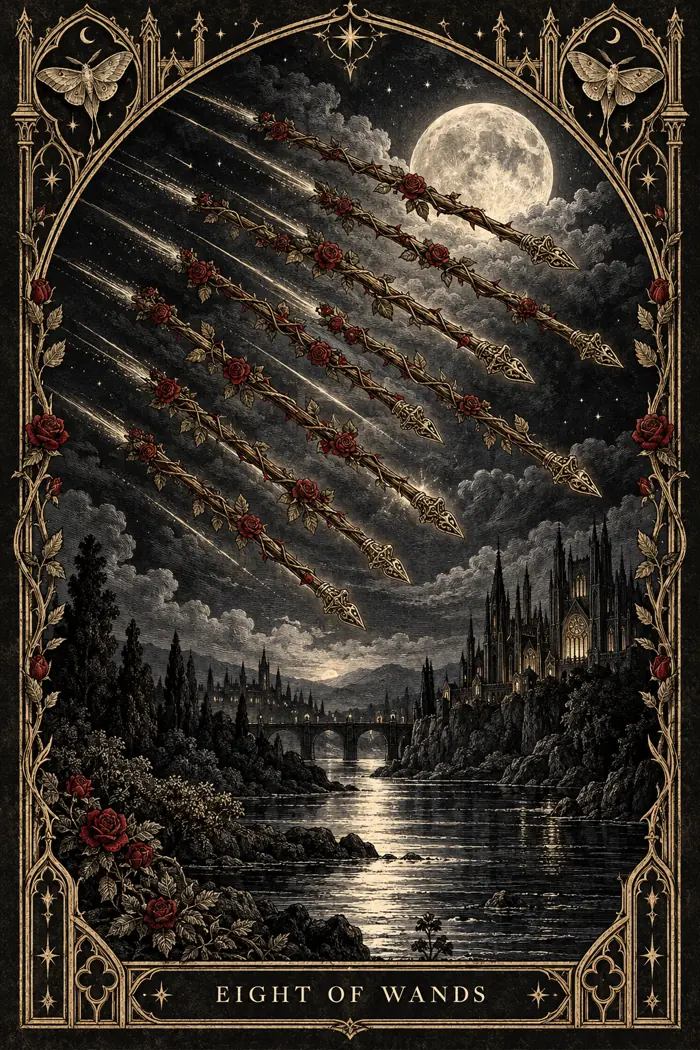 Eight of Wands — Gothic Engraving Edition