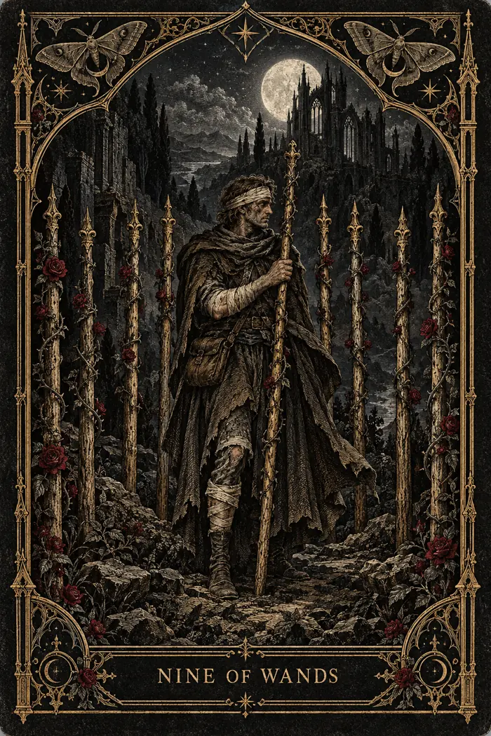 Nine of Wands — Gothic Engraving Edition