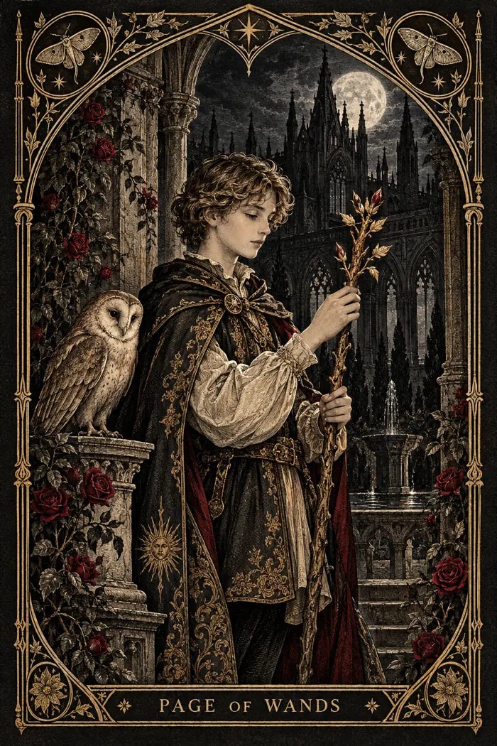Page of Wands — Gothic Engraving Edition