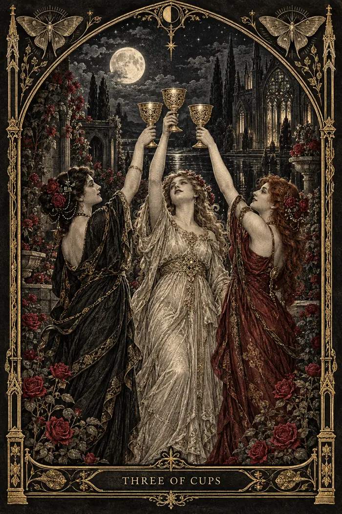 Three of Cups — Gothic Engraving Edition