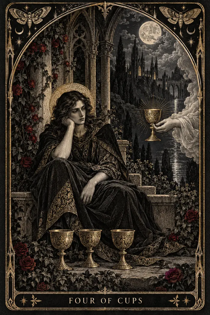 Four of Cups — Gothic Engraving Edition