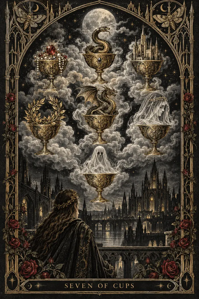 Seven of Cups — Gothic Engraving Edition