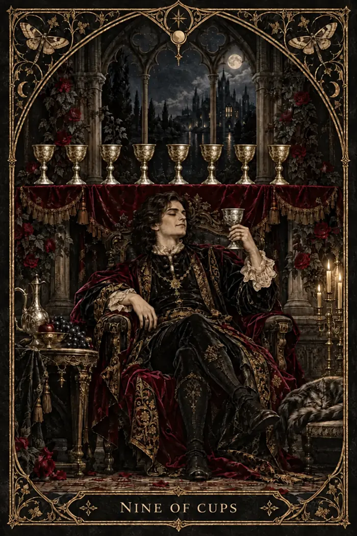 Nine of Cups — Gothic Engraving Edition