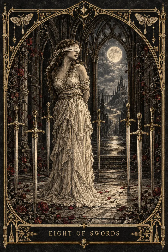 Eight of Swords — Gothic Engraving Edition