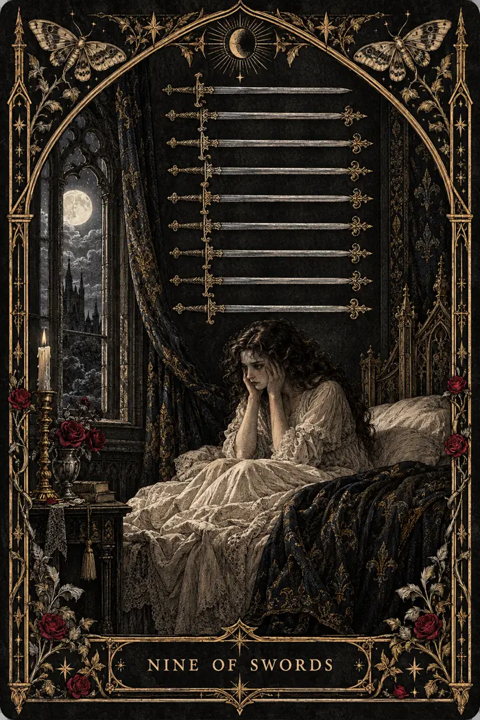 Nine of Swords — Gothic Engraving Edition