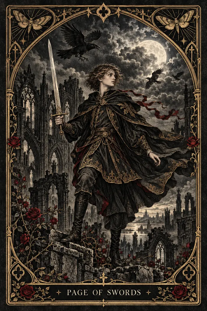 Page of Swords — Gothic Engraving Edition
