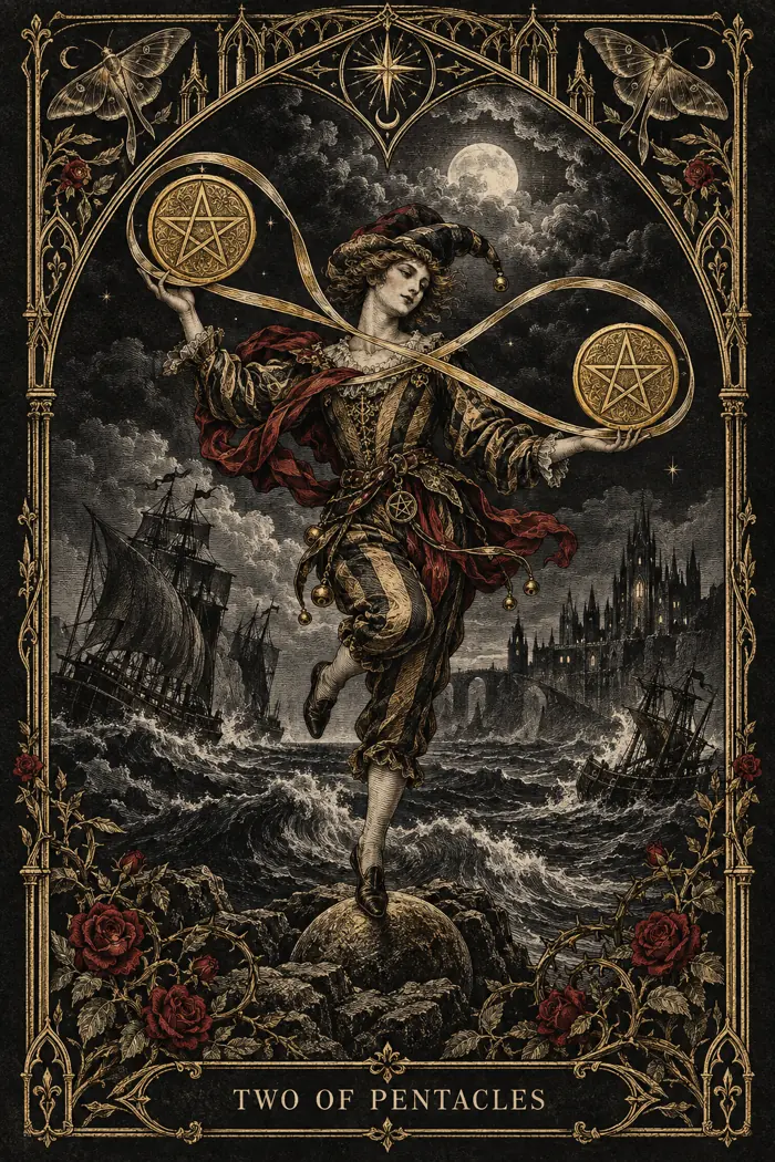 Two of Pentacles — Gothic Engraving Edition