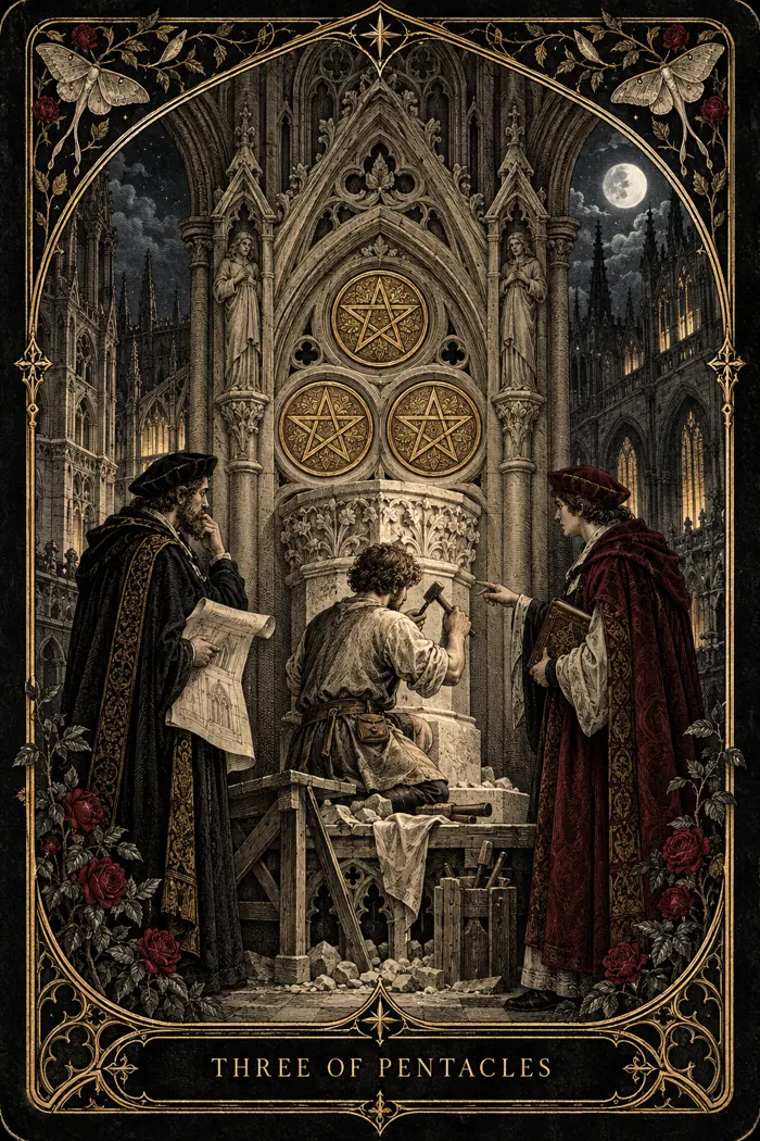 Three of Pentacles — Gothic Engraving Edition