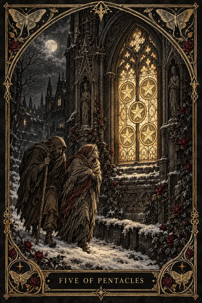 Five of Pentacles — Gothic Engraving Edition