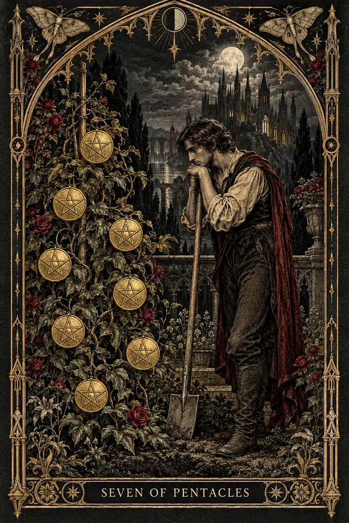Seven of Pentacles — Gothic Engraving Edition