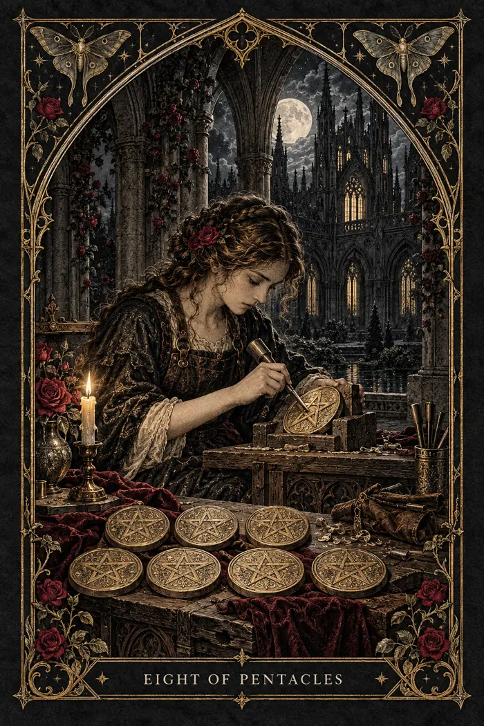Eight of Pentacles — Gothic Engraving Edition