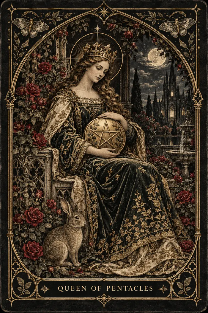 Queen of Pentacles — Gothic Engraving Edition