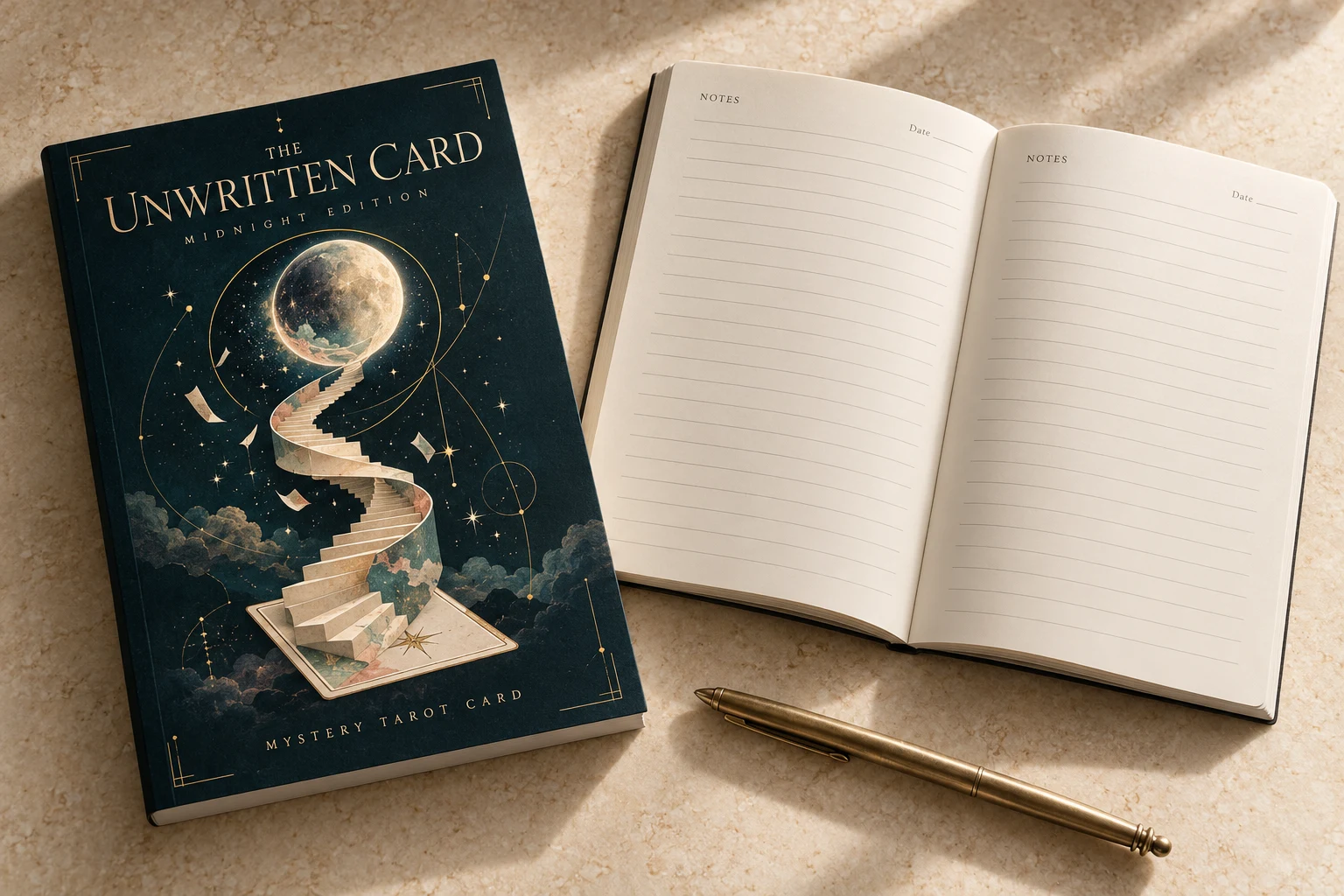 Concept mockup of the Midnight Edition notebook and open cream writing pages beside a brass pen